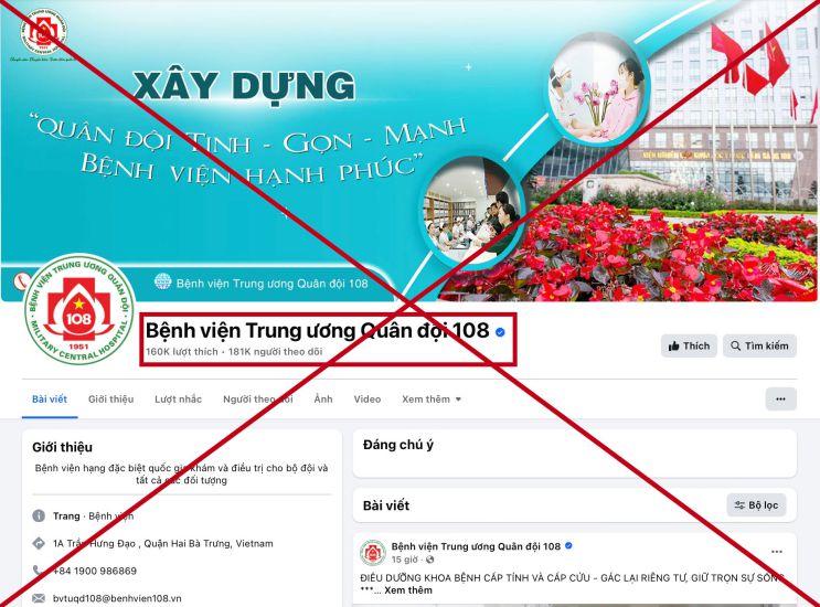 Sitios de redes sociales que pretenden ser 108 Military Central Hospital. Foto: Representante del hospital proporcionado