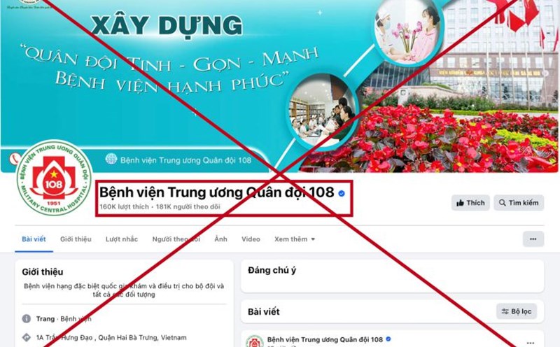 Social networking sites impersonating the 108 Central Military Hospital. Photo: Provided by the hospital representative