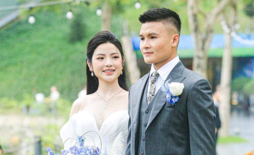Quang Hai and Chu Thanh Huyen at their wedding in 2024. Photo: Hoang Hue