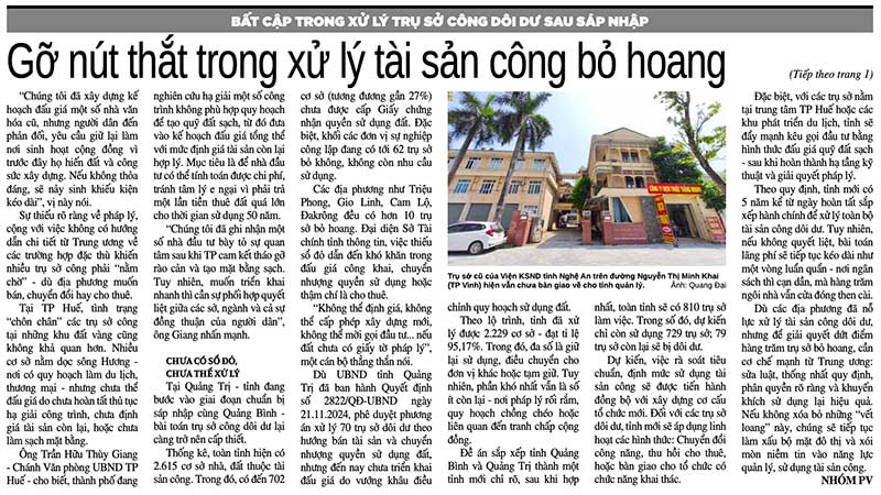 A series of articles by Lao Dong Newspaper on "Inadequacies in handling surplus public assets after the merger". Photo: TKTS