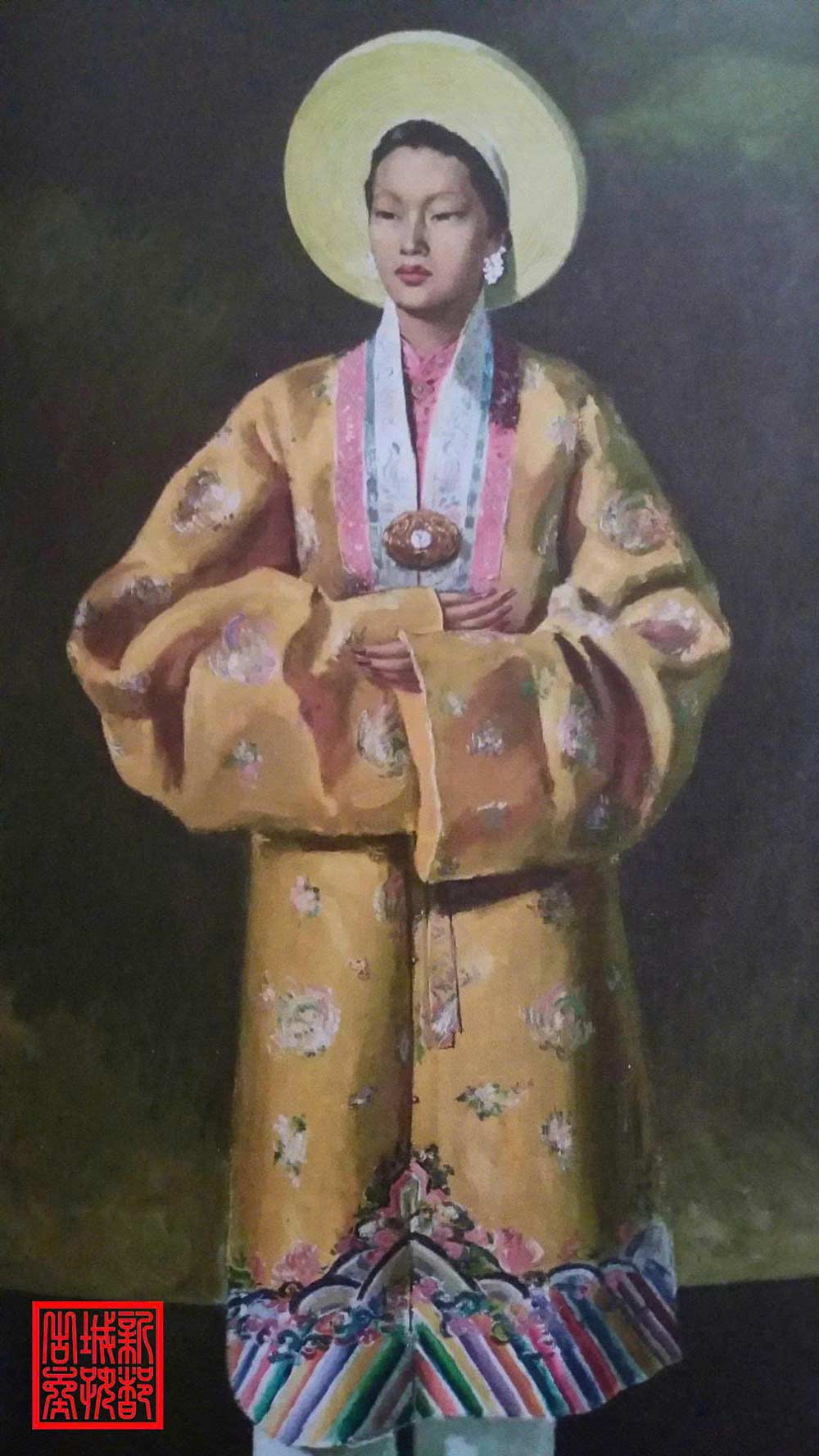 Anh chup buc tranh son dau treo tai lau dai Thorenc cua gia dinh Hoang hau Nam Phuong cho thay truc quan mau sac duoc dac ta trung khop voi hien vat. Anh: Nguyen Tan Anh Phong.