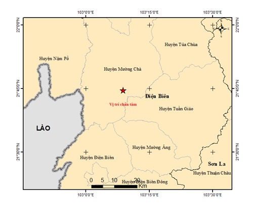 Ban do chan tam dong dat xay ra tai huyen Muong Cha, Dien Bien. Anh: Trung tam Bao tin dong dat va canh bao song than