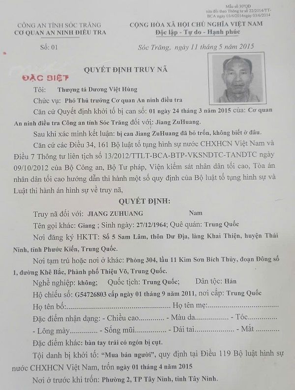 Công an tỉnh Sóc Trăng ra quyết định truy nã đối với Jiang Zuhuang vì bỏ trốn sau khi bị khởi tố về tội Mua bán người. Ảnh: Công an Sóc Trăng