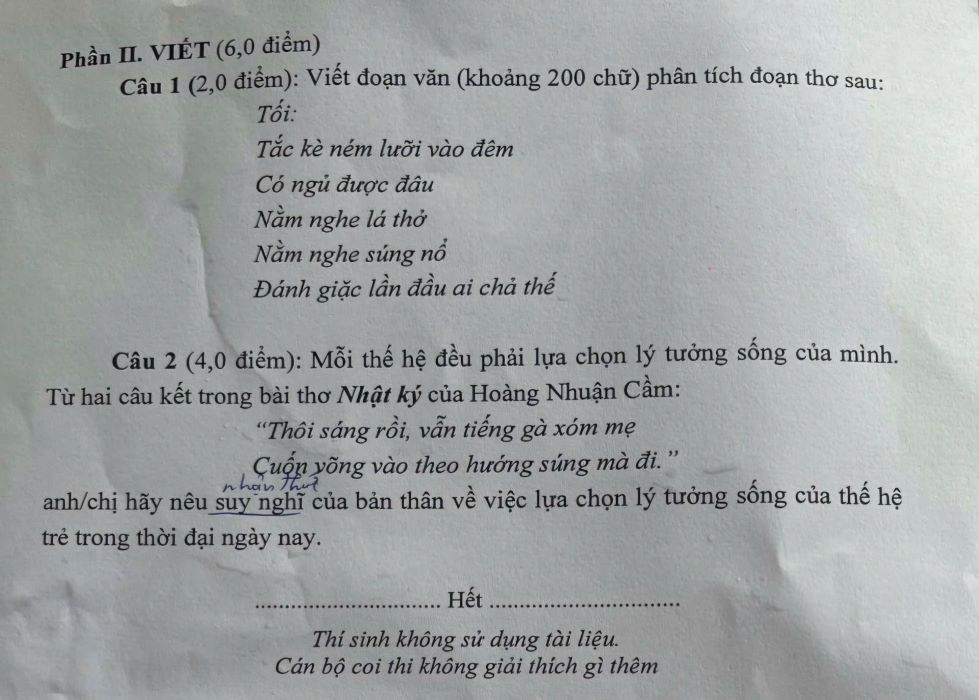 De mon Ngu van (chung) thi vao lop 10 Truong THPT Chuyen Khoa hoc xa hoi va Nhan van. Anh: Thi sinh cung cap
