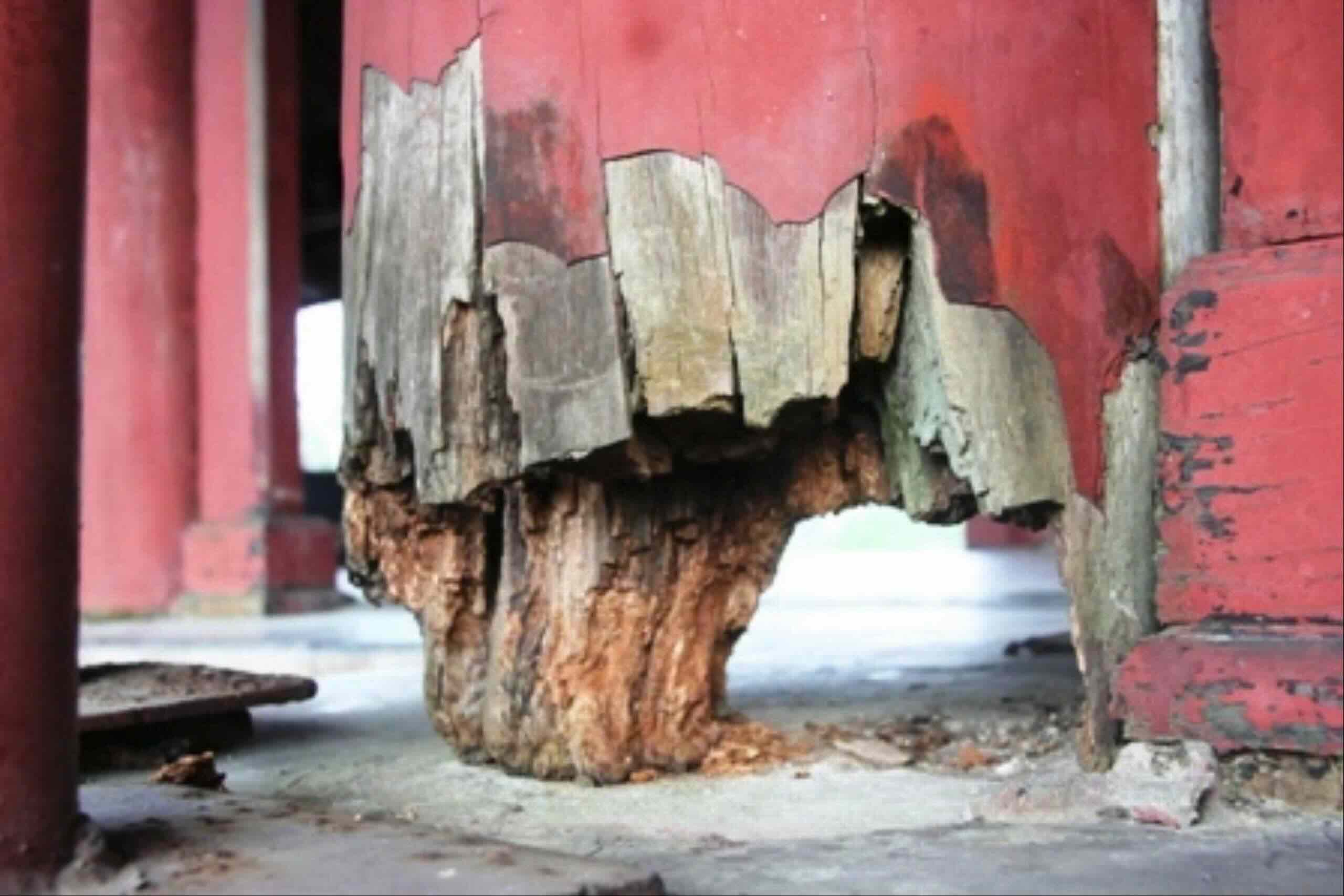 Hiện trạng lầu Ngũ Phụng năm 2012. Tuy phần gỗ có thể mục nhưng phần sơn của công trình vẫn còn khá nguyên vẹn dù đã qua hơn 20 năm (trùng tu từ năm 1990). Ảnh: Đại Dương. 