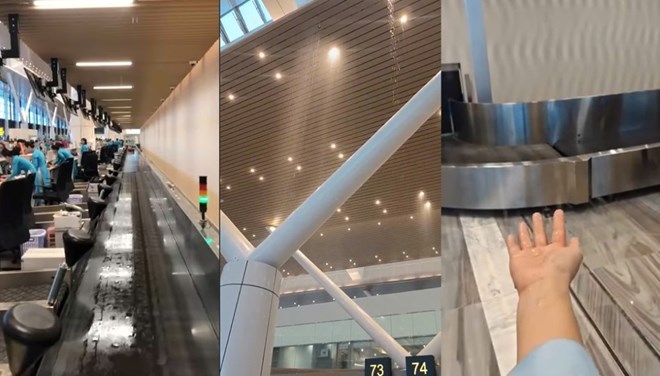 Imagen de la fuga de agua de lluvia en el aeropuerto T3 Terminal Tan Son Nhat al mediodia 24.5. Foto: Ba Truong