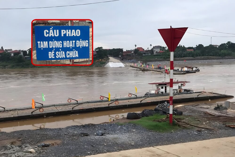 The operator has temporarily stopped the Phong Chau pontoon bridge due to the rising and rapid flow of the Red River. Photo: Provided by the people.