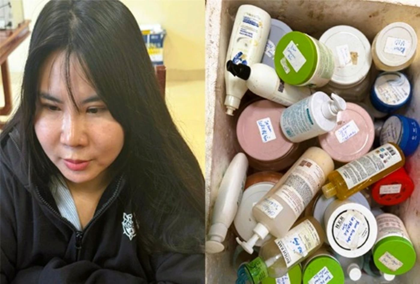 Nguyễn Thị Dung và tang vật là những lọ mỹ phẩm giả. Ảnh: CATH
