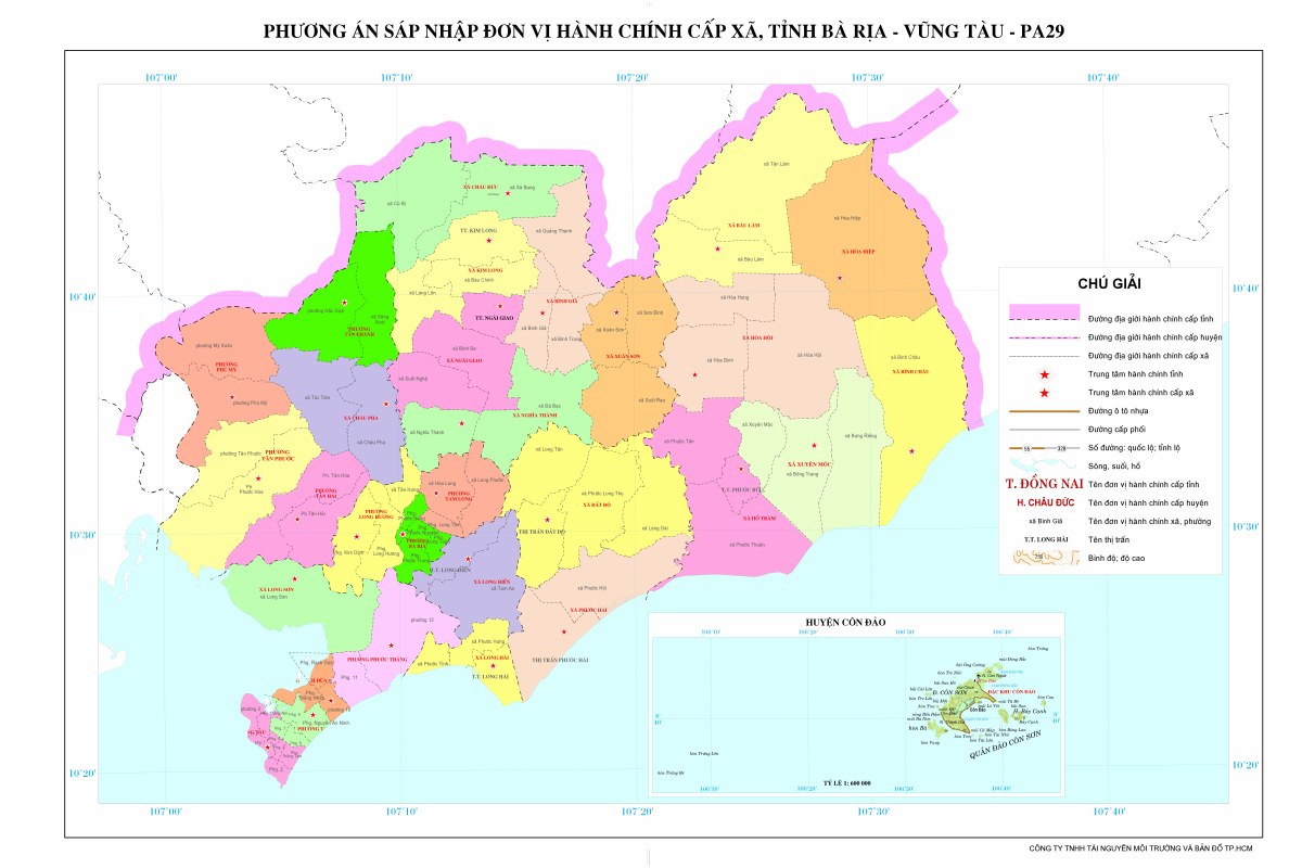 Map of administrative units in Ba Ria - Vung Tau expected after the arrangement of commune-level administrative units. Photo: Provided by the Department of Home Affairs
