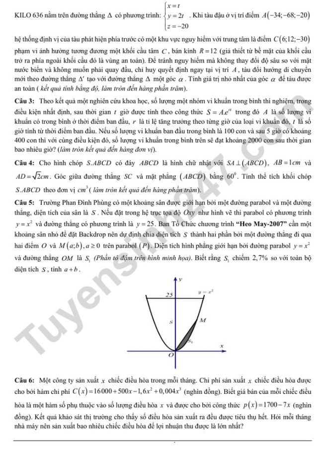 De thi thu mon Toan tot nghiep THPT 2025 - THPT Phan Dinh Phung (Ha Noi). Anh: Tuyensinh247
