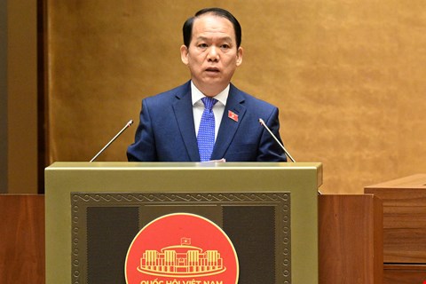 Chu nhiem UBPLTP Hoang Thanh Tung trinh bay bao cao tham tra. Anh: Quochoi