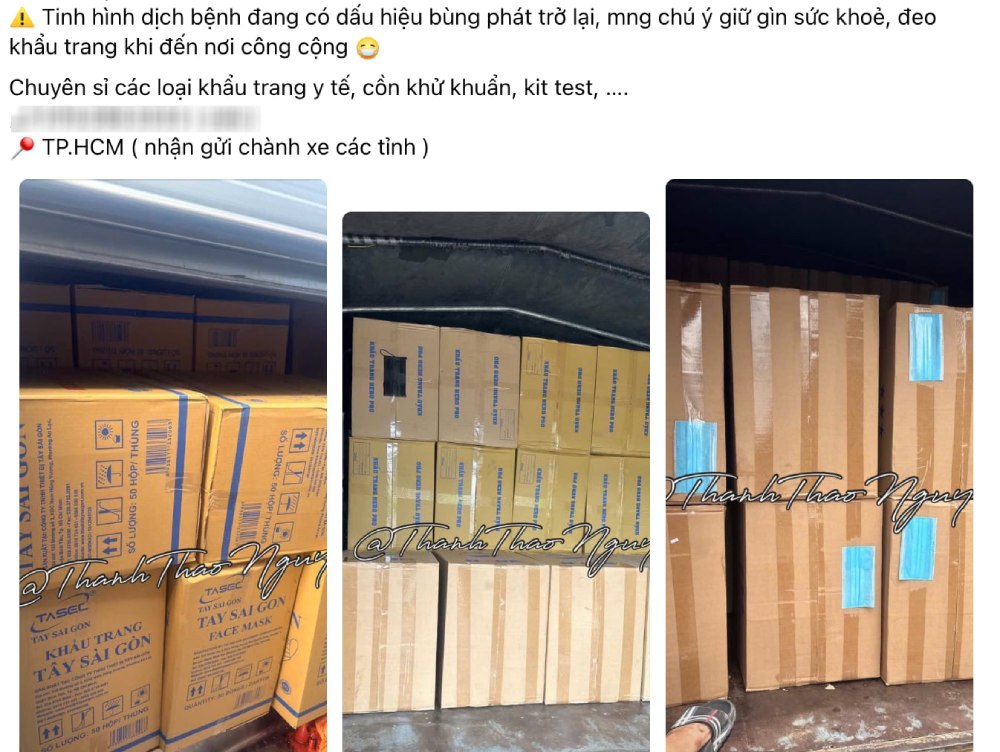 The advertising post selling masks by the person claiming to be distributor Nguyen Thanh Thao for those who need to prevent COVID-19. Photo: Thuy Duong