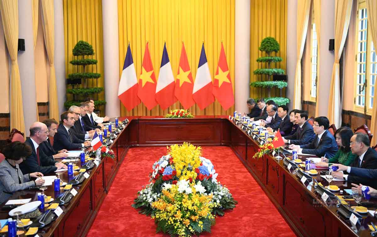 Quang canh cuoc hoi dam giua Chu tich nuoc Luong Cuong va Tong thong Phap Emmanuel Macron. Anh: Hai Nguyen