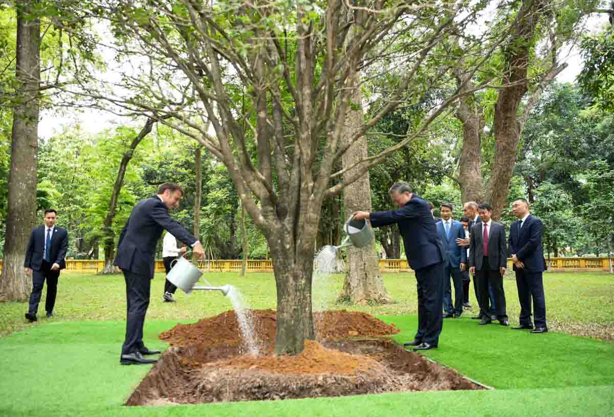 General Secretary To Lam and French President Emmanuel Macron planted friendship trees in the President Ho Chi Minh relic site. Photo: Hai Nguyen