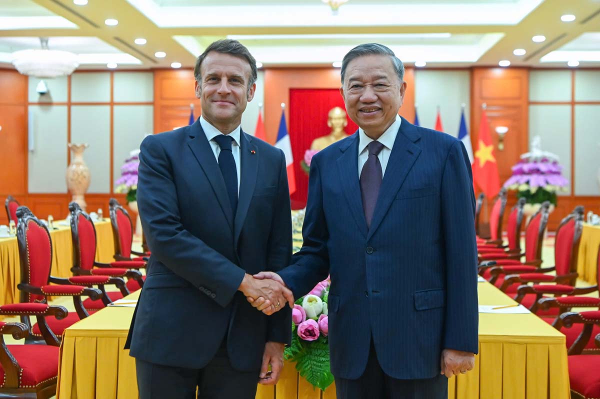 Tổng Bí thư Tô Lâm tiếp Tổng thống Cộng hoà Pháp Emmanuel Macron tại Trụ sở Trung ương Đảng. Ảnh: Hải Nguyễn  