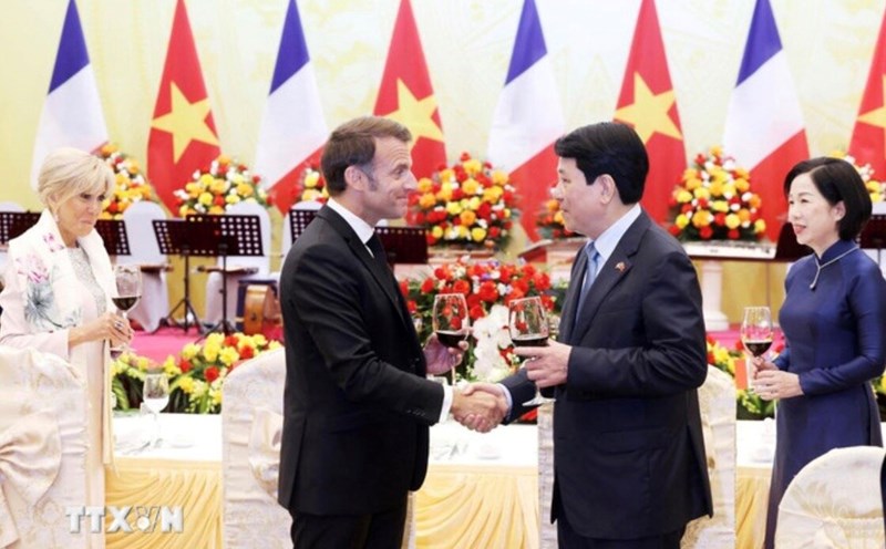 Politburo member and President Luong Cuong and his wife presided over a solemn reception for President of the French Republic Emmanuel Macron and his wife. Photo: VNA