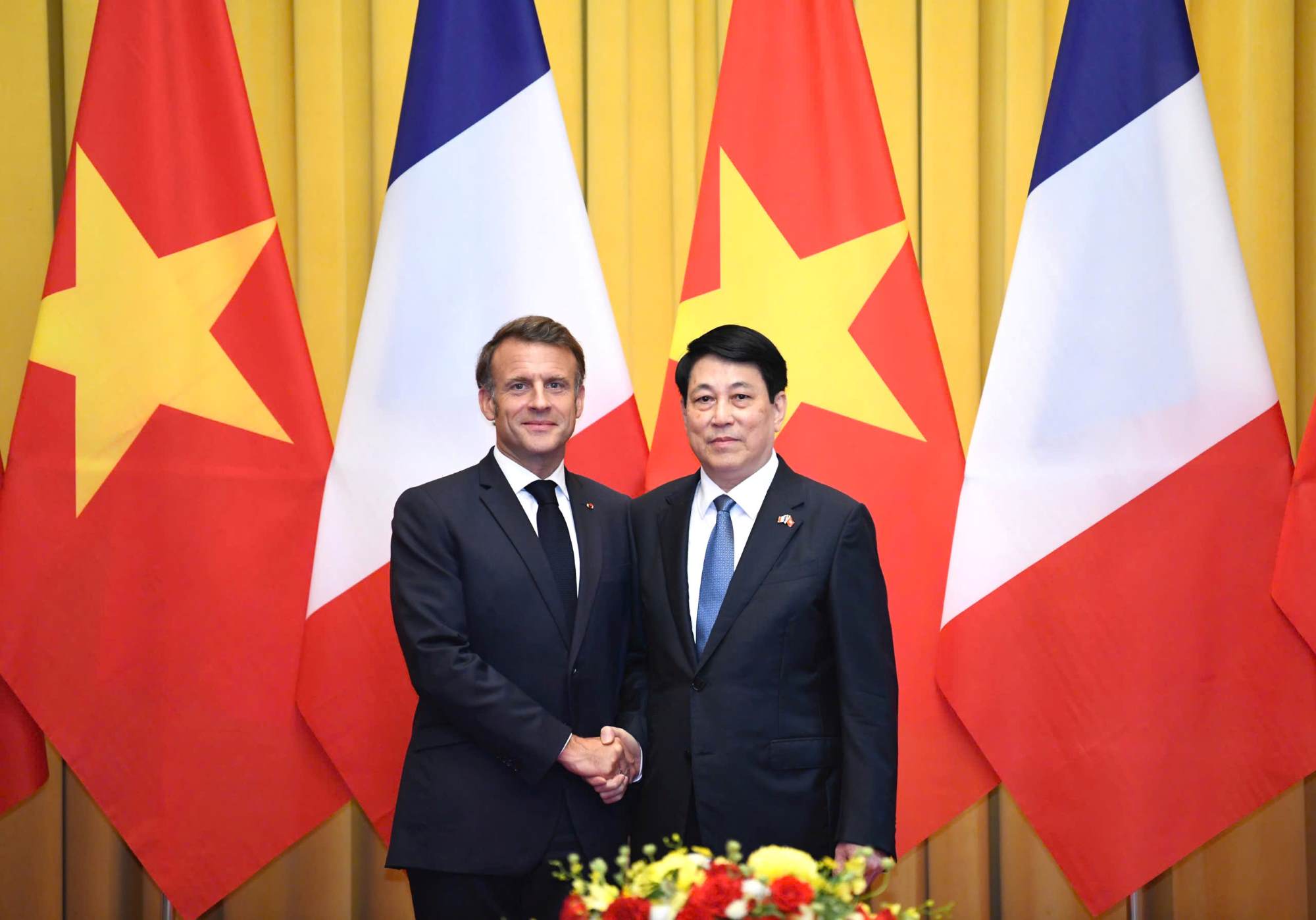 Uy vien Bo Chinh tri, Chu tich nuoc Luong Cuong tiep Tong thong Cong hoa Phap Emmanuel Macron. Anh: Hai Nguyen