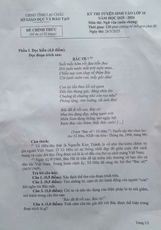 De thi lop 10 mon Ngu van tinh Lai Chau nam 2025. Anh: Minh Chau