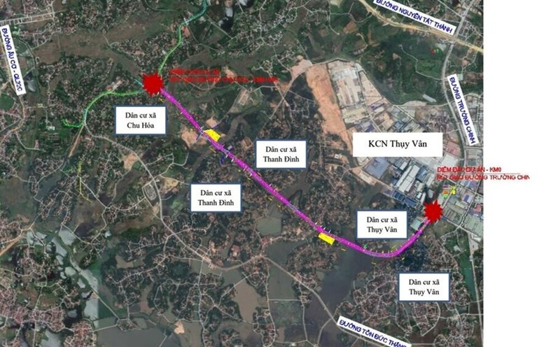 The package will construct a road longer than 4.5 km from Thuy Van Industrial Park to the road connecting Nguyen Tat Thanh - Ton Duc Thang road in Chu Hoa commune, Viet Tri city. Design photo on Google Maps background: Project.