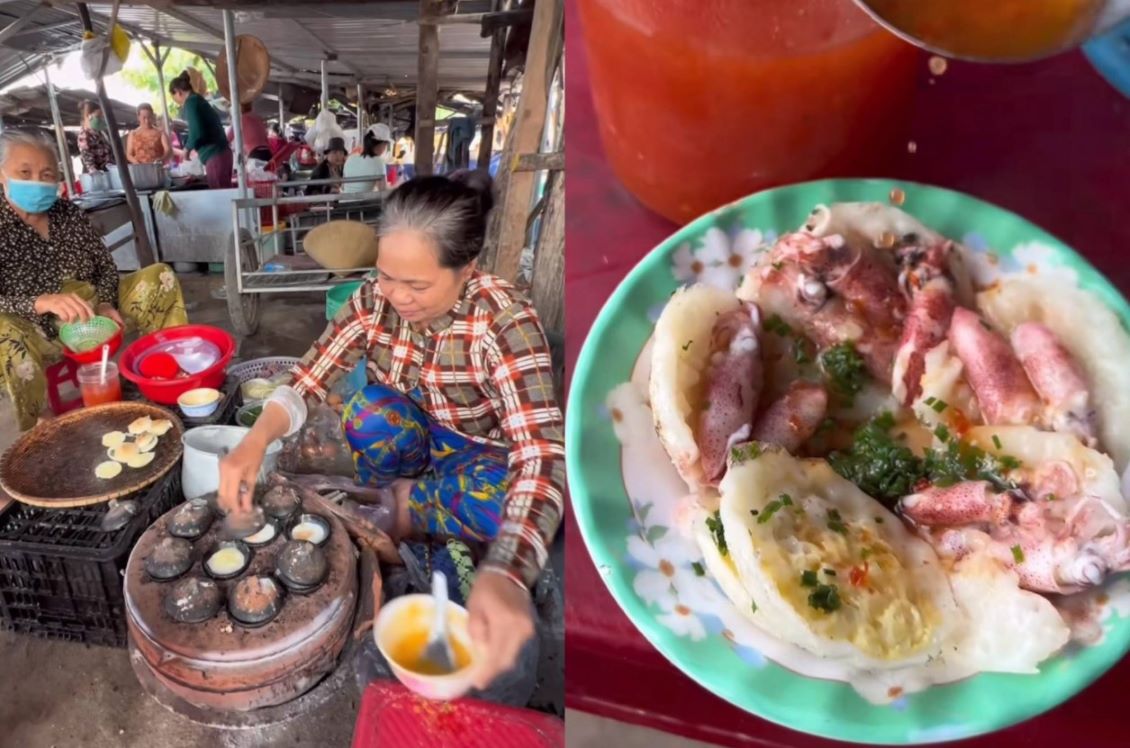 Bánh căn có giá 500 đồng/cái. Du khách muốn ăn thêm mực có thể mua mực tươi với giá vài nghìn đồng. Ảnh: Cắt từ video
