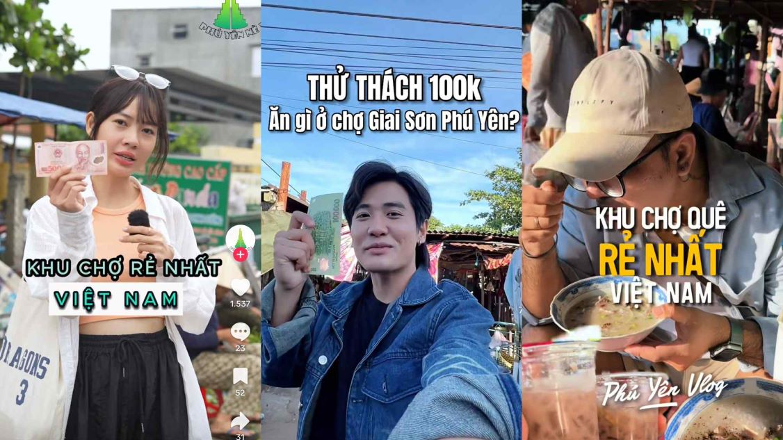 Loạt TikToker thực hiện thử thách “ăn sập” chợ Giai Sơn (Phú Yên) với 50.000 đồng. Ảnh: TikTok