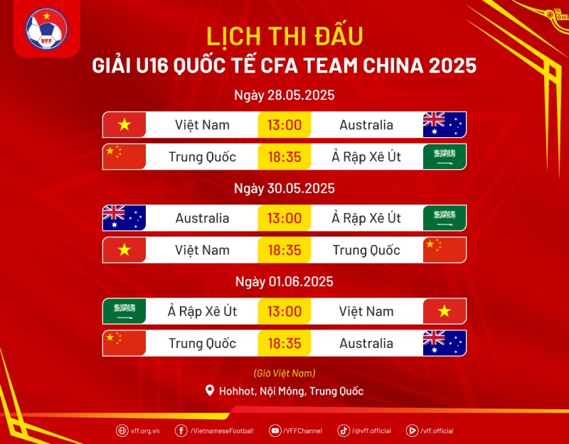 Lich thi dau giai U16 CFA Team China 2024 co su gop mat cua U16 Viet Nam. Anh: VFF