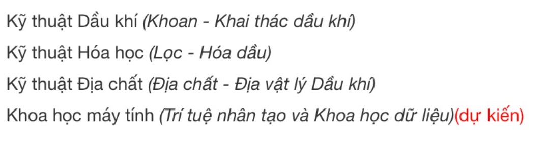 Cac he/nganh dang ki xet tuyen hoc ba vao Truong Dai hoc Dau khi Viet Nam nam 2025.