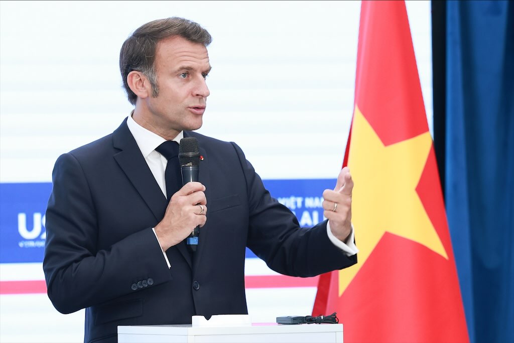 French President Emmanuel Macron speaks during a visit to Hanoi University of Science and Technology (USTH). Photo: Hai Nguyen