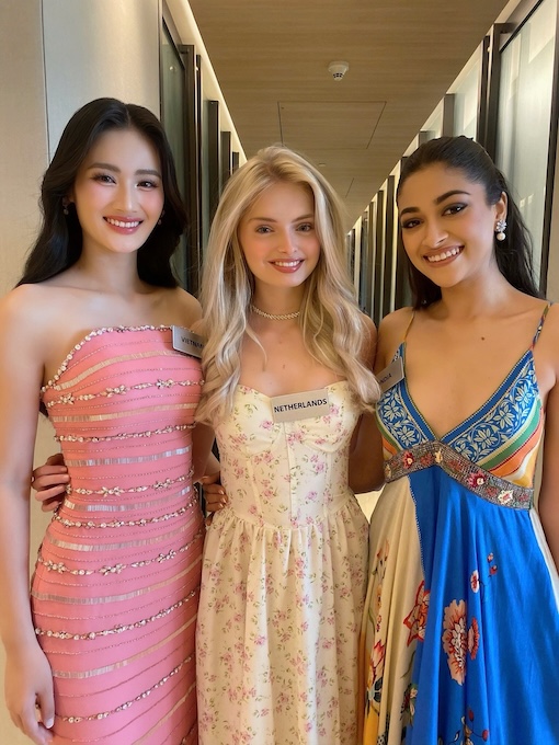 Nguoi dep den tu An Do (ngoai cung ben phai) la ung vien dang gom cho ngoi vi Miss World nam nay. Anh: Sen Vang.
