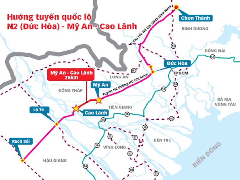 Vi tri doan duong My An - Cao Lanh trong tuyen duong noi mien Dong voi mien Tay ma khong phai di qua Thanh pho Ho Chi Minh. Nguon: Ban quan ly du an My Thuan.