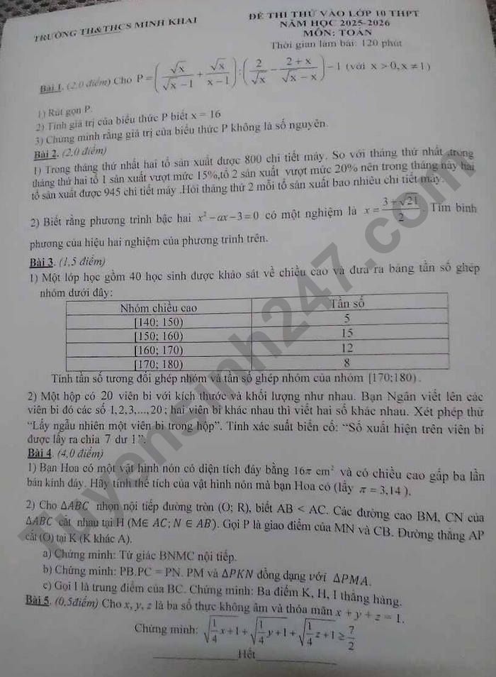 Đề thi thử vào lớp 10 môn Toán 2025 - Trường TH&THCS Minh Khai.  Ảnh: Tuyensinh247  