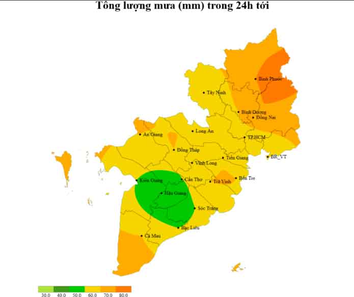 Mapa de pronostico de lluvia en las proximas 24 horas. Foto: Hidrometeorologia en la region de las tierras altas del sur y centro