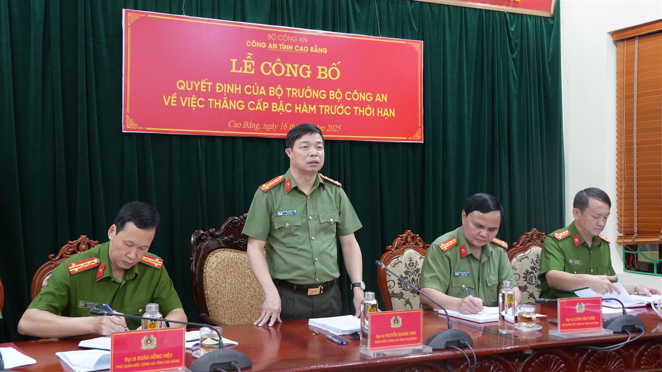 Dai ta Nguyen Quang Vinh - Giam doc Cong an tinh Cao Bang phat bieu tai su kien sang 16.6. Anh: Cong an Cao Bang