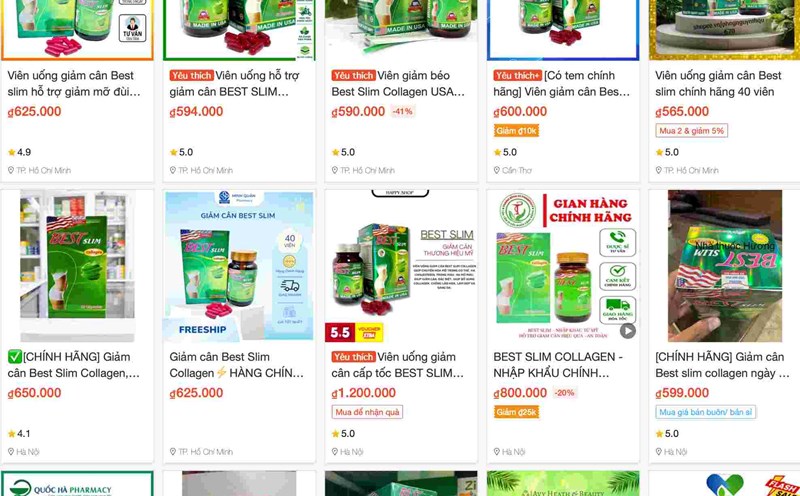 Dozens of sales addresses on Shopee list Best Slim Collagen products. Photo: Thuy Linh