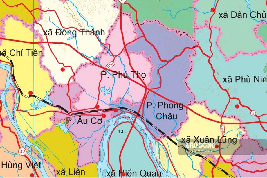 Thi xa Phu Tho sau sap xep, sap nhap se giam tu 9 DVHC cap xa con 3 phuong. Anh: Ban do.