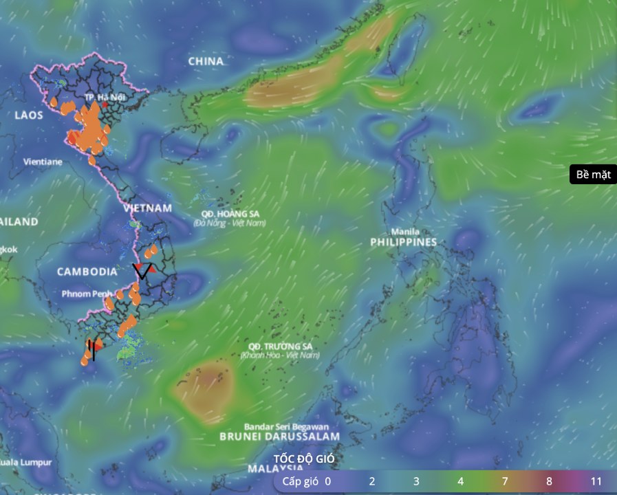 Muchas aguas en el Mar del Sur de China tienen duchas y tormentas electricas. Arriba esta la imagen de las escuelas de viento en el mar actualizadas a las 16:00 el 30 de mayo. Foto: Sistema de monitoreo de desastres naturales de Vietnam
