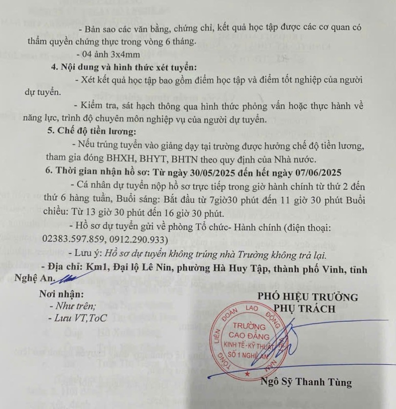 Thong bao tuyen dung cua Truong Cao dang Kinh te- Ky thuat so 1 Nghe An. Anh: Hai Dang