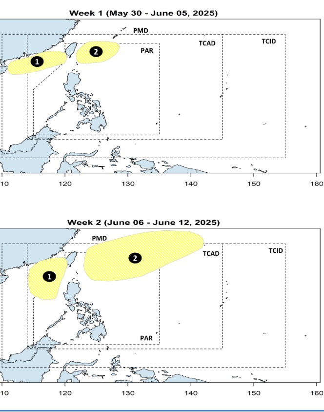 Vi tri va vung anh huong cua 2 ap thap quanh Bien Dong. Anh: PAGASA