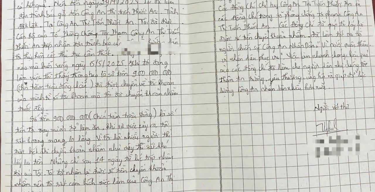 The letter of thanks to Ms. T.T.U.T's police force after being supported to get back 900 million VND transferred by mistake. Photo: Bao Trung