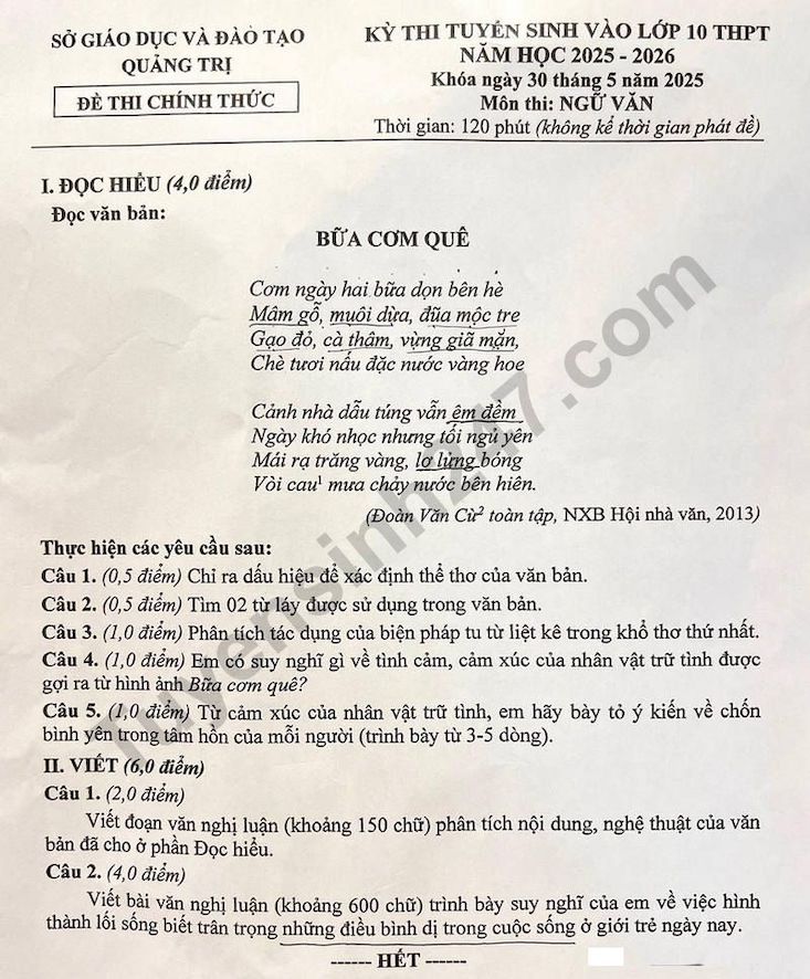 De thi mon Van vao lop 10 - Quang Tri 2025. Anh: Tuyensinh247