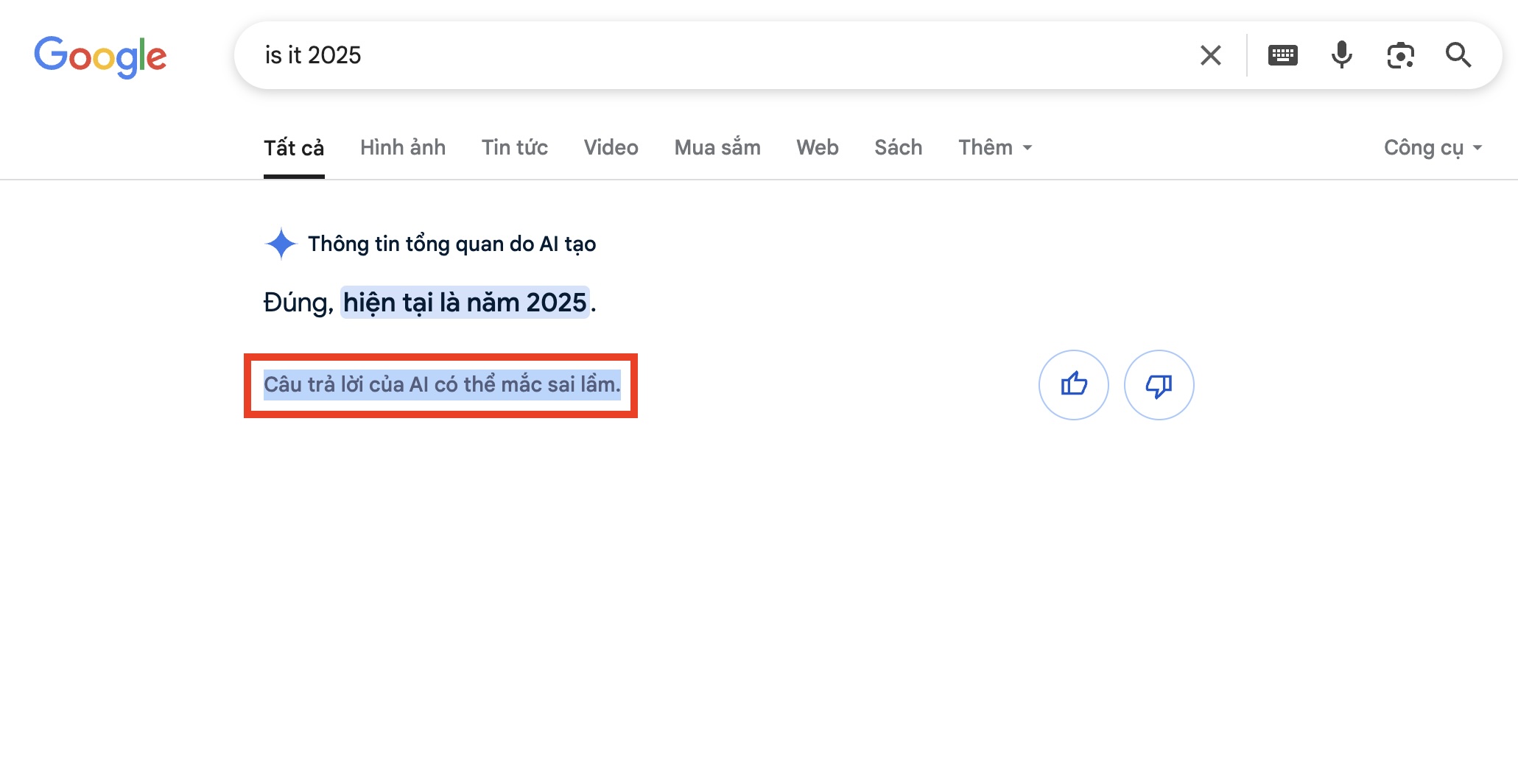 Google da sua loi sai ve thoi gian nhung ket qua van di kem dong chu “Cau tra loi cua AI co the mac sai lam“. Do hoa: Hao Thien