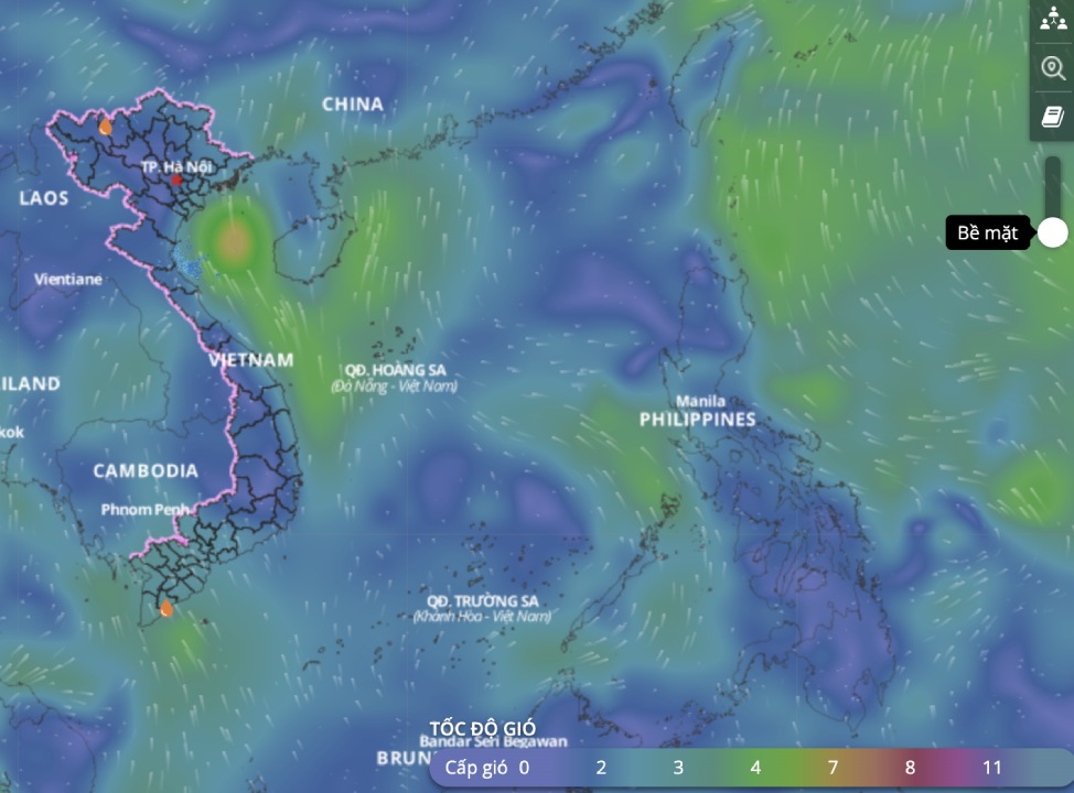 El pronostico de mal tiempo en muchas zonas del Mar del Sur continua. Aqui hay una imagen de la capa de viento marino actualizada a las 8:00 del 5 de mayo. Imagen: Sistema de monitoreo de desastres en Vietnam