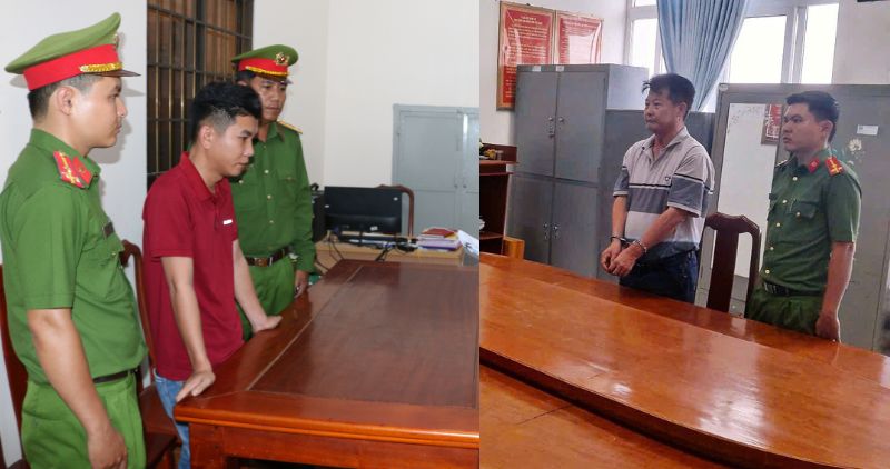 La policia de la provincia de Tra Vinh arresto a dos padres en el distrito de Cau Ngang para investigar el fraude y la usurpacion de propiedades. Foto: La policia lo ha proporcionado.