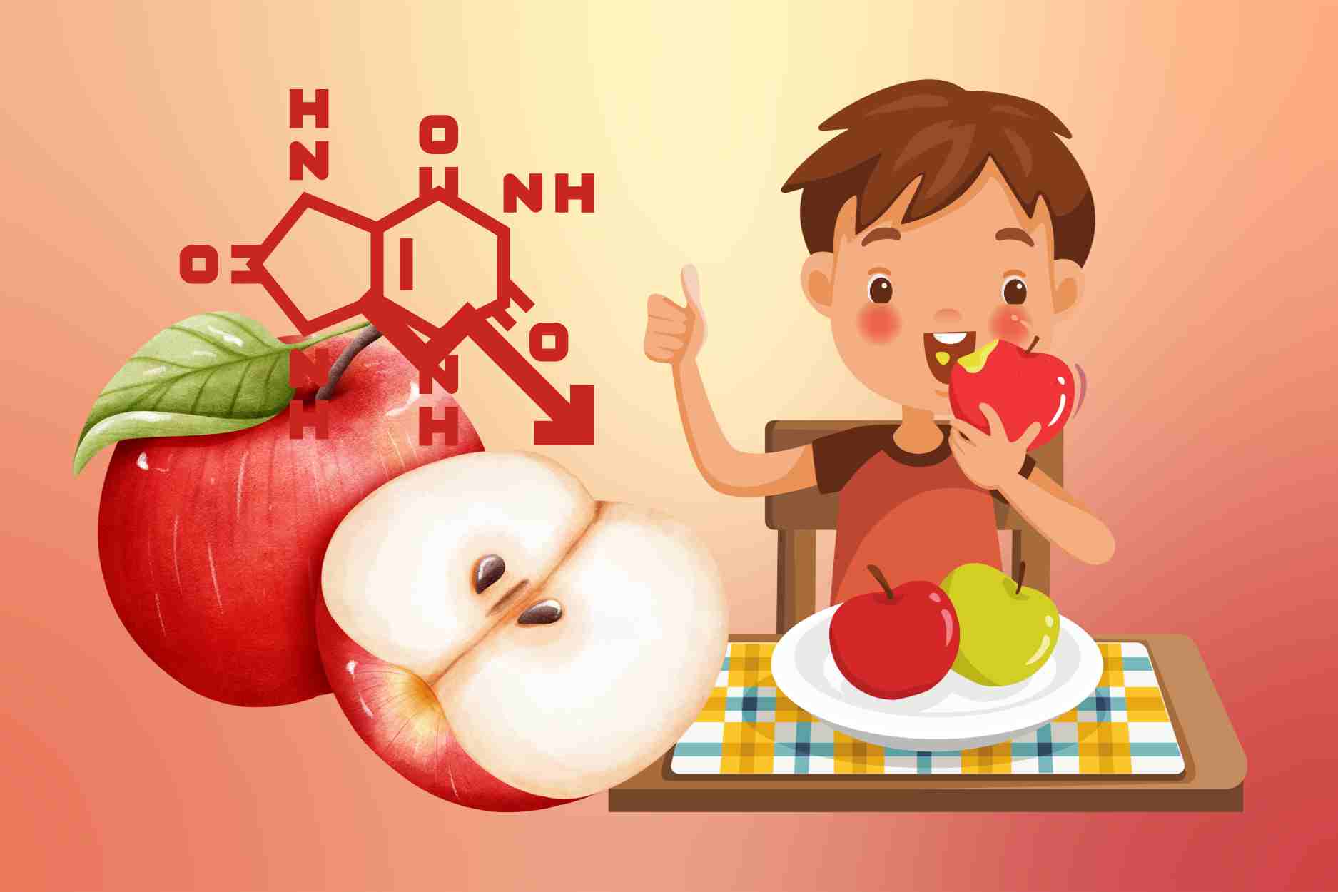El momento amarillo para comer manzanas para ayudar a reducir el acido urico es mas eficaz. El dibujo:
