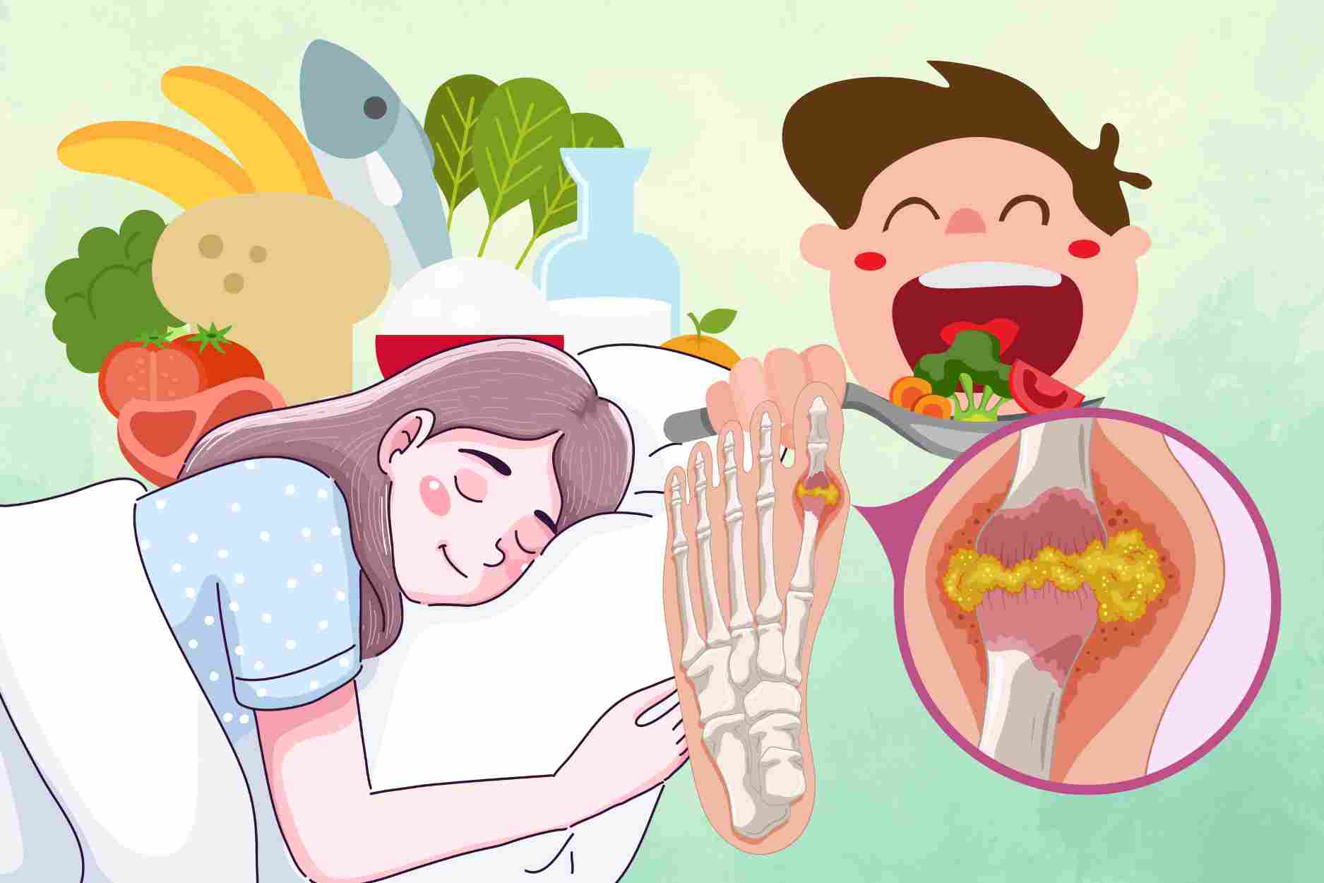 Para dormir bien, los que tienen acido urico alto no deben comer esto por la noche. El dibujo: