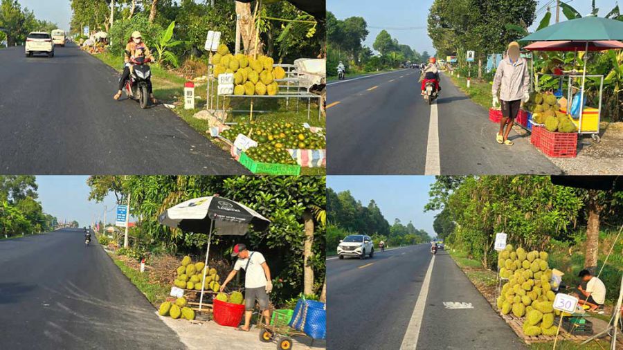 Many gardeners gather durian on the sidewalk to sell on National Highway 61C. Photo: Thanh Nhan