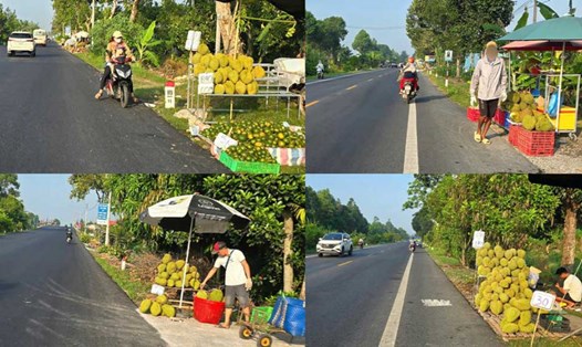 Nhiều nhà vườn tập kết sầu riêng ra lề đường bán tại Quốc lộ 61C. Ảnh: Thành Nhân