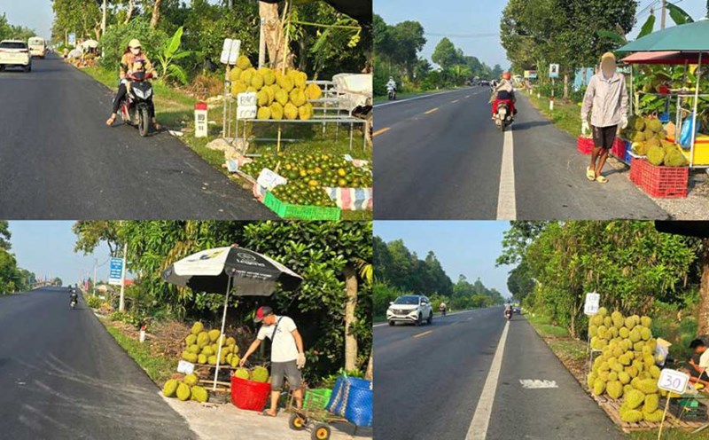 Many gardeners gather durian on the sidewalk to sell on National Highway 61C. Photo: Thanh Nhan