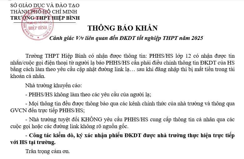 Hiep Binh High School recommends that parents and students be vigilant against scams. Source: School