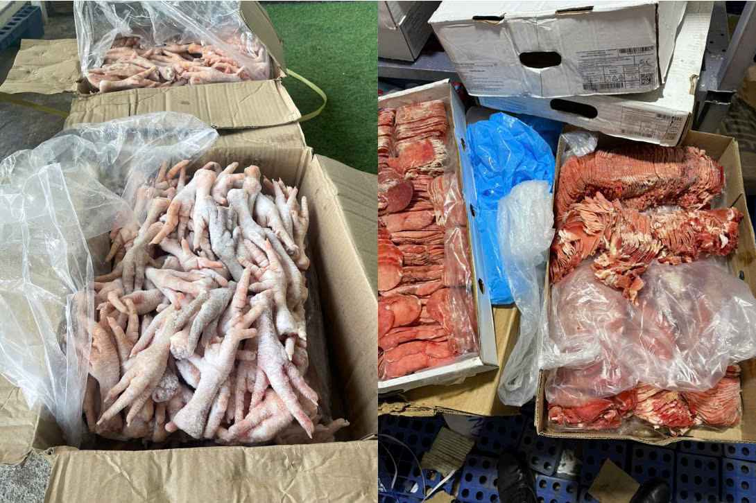 Un cargamento congelado de origen desconocido fue descubierto y incautado por las autoridades. Imagen de la lampara roja